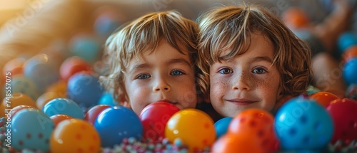 With colorful balls, kindergarten children have fun playing together and having fun