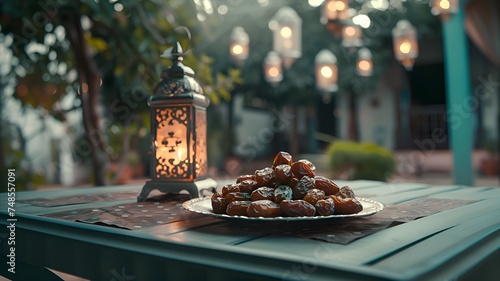 A plate filled with dates beside a Ramadan lantern