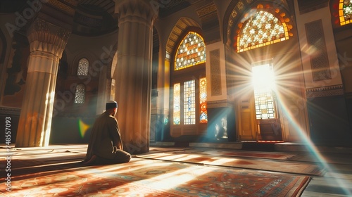 A Muslim man praying in the mosque