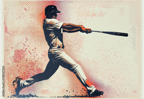 Retro-Styled Baseball Player Completing a Powerful Bat Swing, Set Against a Radiant Dot Matrix Background, Inspiring Vintage Aesthetics and Timeless Sportsmanship photo