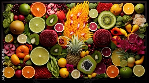 a picture variety of fruits and vegetables arranged in the shape dragon fruit and pineapple, oranges, kiwis, bananas, kiwis, and watermelons. © Igor