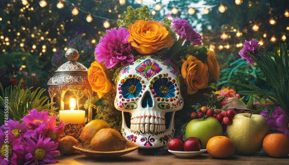 Day of the Dead Painted Skull with Decoration