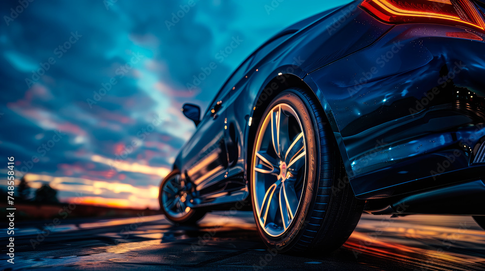 Back view of dark blue car. Close up LED Tail Lights of a car. Back view of dark blue car. Close up LED Tail Lights of a car.