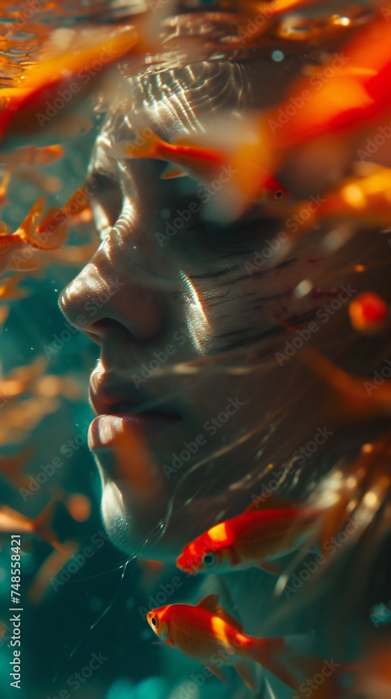 Woman's face in water, blurred red fish, a silent narrative of resilience amidst the echoes of mental health trauma.
