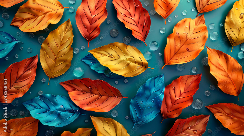 Creative nature layout made of colorful wet leaves. Flat lay. - obrazy, fototapety, plakaty 