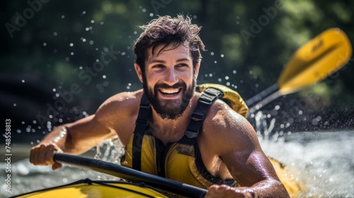 A happy smiling handsome Caucasian man floating in a yellow kayak on the river. Tourists, Nature, Travel, Vacations, Sports, Outdoor Activities, Summer concepts. © liliyabatyrova