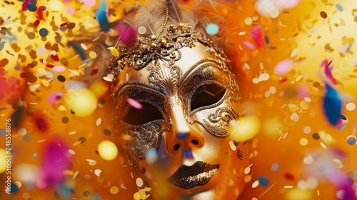 Elegant Venetian mask amidst a vibrant explosion of colorful confetti.