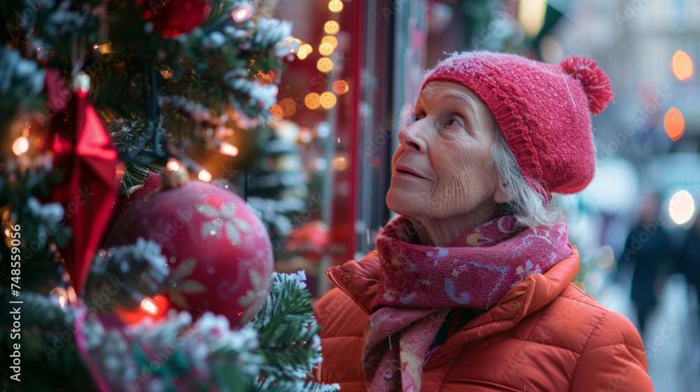 An elderly woman in winter clothing stands looking up at a beautifully decorated Christmas tree An elderly woman in winter clothing stands looking up at a beautifully decorated Christmas tree