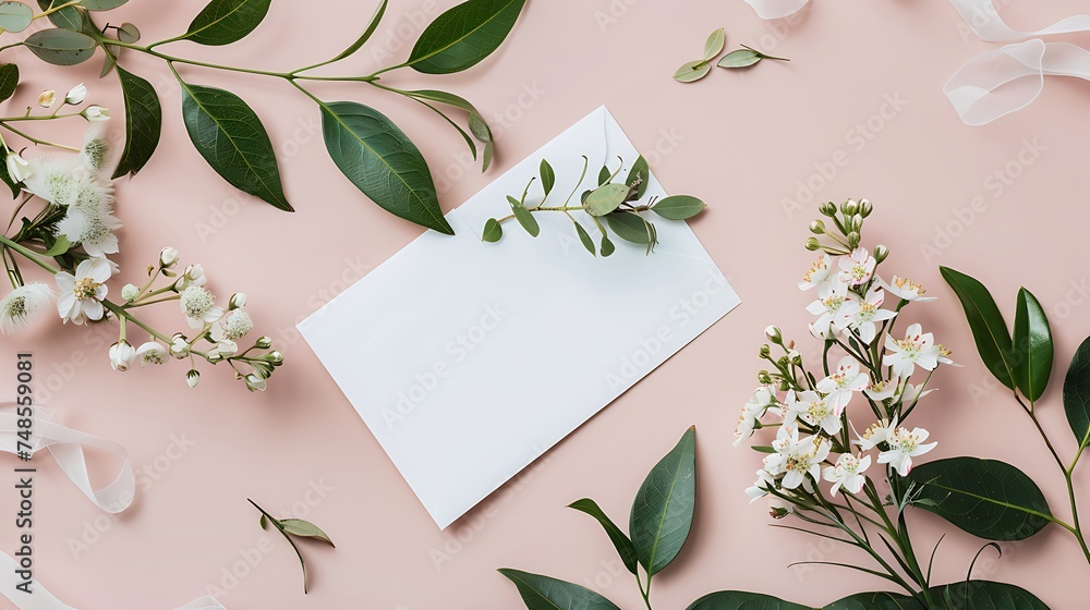 Holiday greeting card mockup with flowers on light pink background, top view, flat lay. White wedding invitation card mockup and floral decor. Generative Ai - obrazy, fototapety, plakaty 