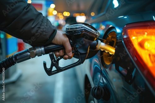 Gas station pump filling up a car's tank with a nozzle Generative ai