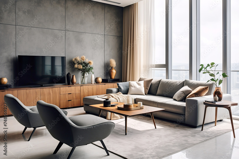 Cozy chairs against grey sofa and tv unit. Mid century, scandinavian home interior design of modern living room.