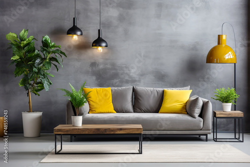 Grey sofa against concrete stucco wall. Industrial, loft home interior design of modern living room.