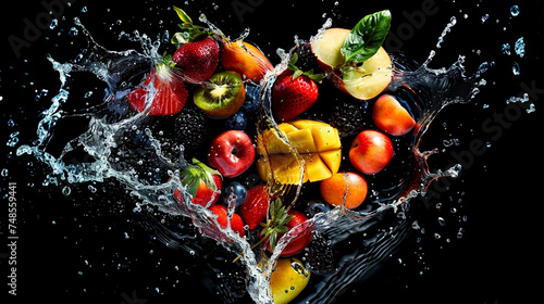 heart shape by various vegetables and fruits, splash water fresh , Generate AI
