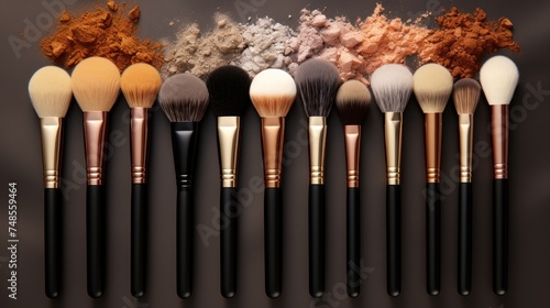 Professional set of makeup brushes with black handles. A set of face brushes for applying cosmetics, eye shadow, powder, blush. Makeup brushes template with empty space for logo inscription.