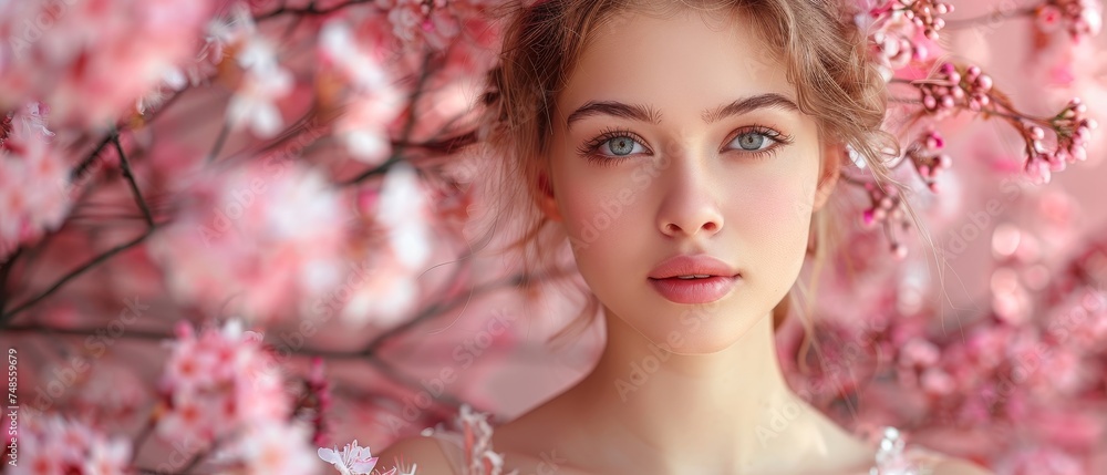 A pretty young woman poses in a pretty dress with flowers over a pink background in this fashion photo.