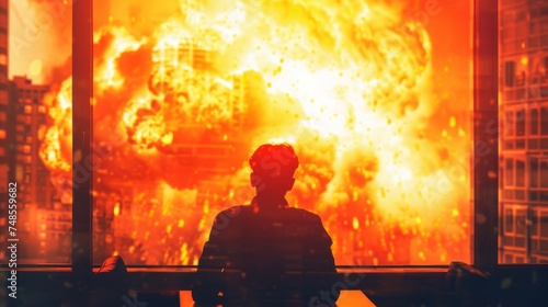 Silhouette of a person observing an immense explosion engulfing a cityscape from a safe distance.