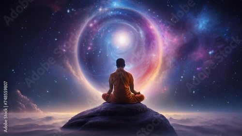 Meditating person in the galaxies with cosmic energy background. Male silhouette. spiritual video