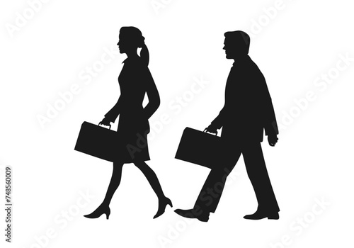 Ejecutiva y ejecutivo caminando con un maletín en siluetas en negro