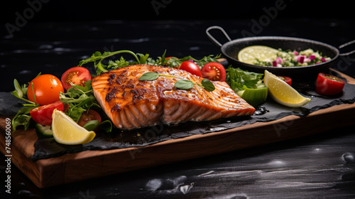 Close-up of a piece of grilled salmon with herbs, fresh vegetables on a wooden board on a dark background. Appetizing grilled salmon fillet and fresh vegetable salad. Mediterranean diet concept