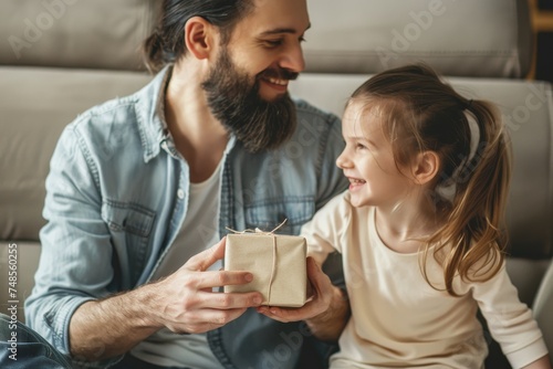 Young girl is gifting a box to her handsome father at home. Both are smiling.