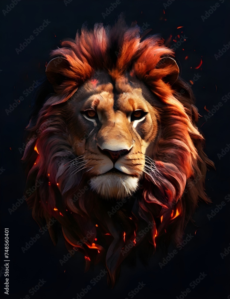 Lion King in Fire, Wild Animal, Portrait on Black Background. Generative AI