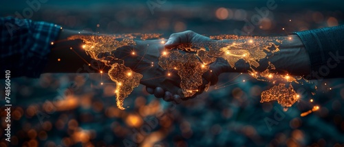 The illustration shows a businessman shaking hands with the effect of a global world map network link connection and a graph chart of stock market graphic diagram. The concept also emphasizes digital