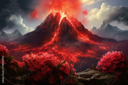 Fiery Red flowers volcano. Fauna beauty. Generate Ai photo