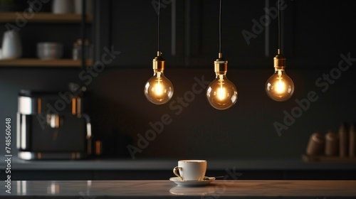 a coffee cup sitting on top of a kitchen counter next to three light bulbs hanging from the ceiling above it. photo