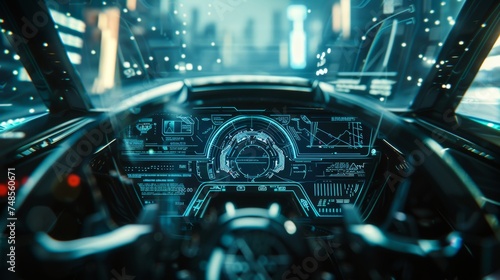 An autonomous car cockpit, driverless vehicle, head-up display, GUI, IoT (Internet of Things). © Zaleman