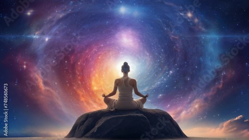 Meditating person in the galaxies with cosmic energy background. Female silhouette. spiritual video