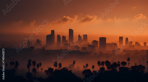 Los Angeles skyline shrouded in smoke and fog from raging forest fires in nearby areas, affecting downtown LA and Hollywood, creating a tense and hazardous atmosphere across the city