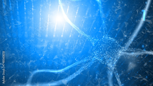 Neuron cell on artisitic digital network illustration background. photo