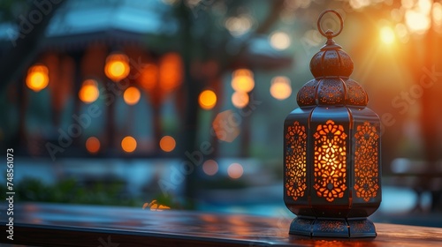 Islamic lantern with burning candle glowing against a mosque background. Ramadan Kareem invitation.