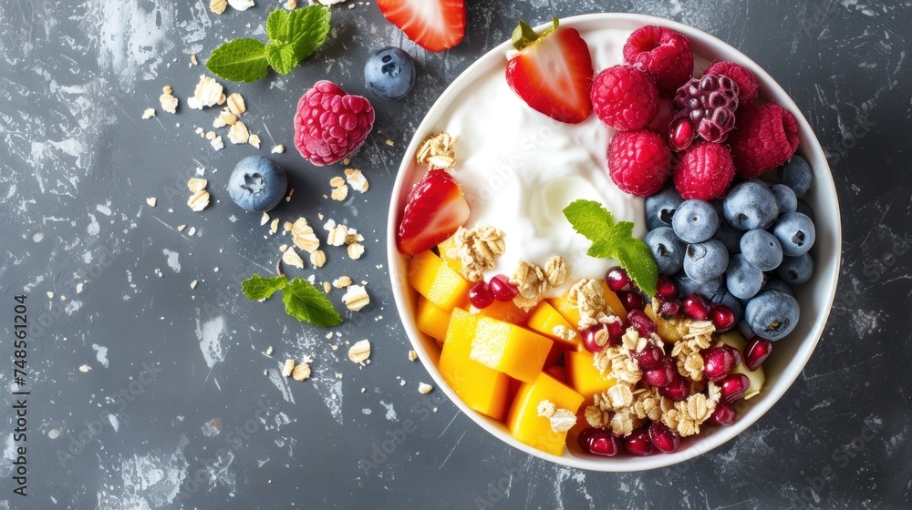 a bowl of fruit, yogurt, granola, and nuts on a gray surface with mint leaves. a bowl of fruit, yogurt, granola, and nuts on a gray surface with mint leaves.