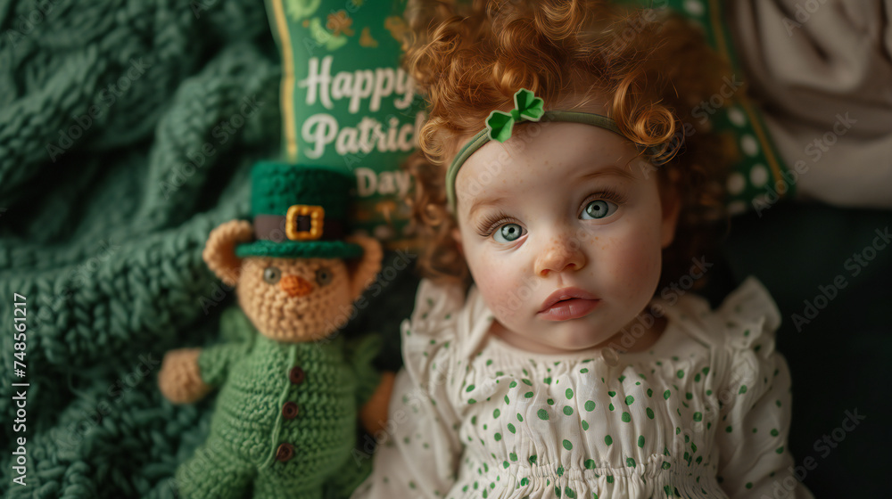 Celebrate St. Patrick’s Day with a crochet leprechaun doll and a child dressed in green amidst festive decorations. This image is perfect for: holiday celebrations, Irish culture, festive decorations.