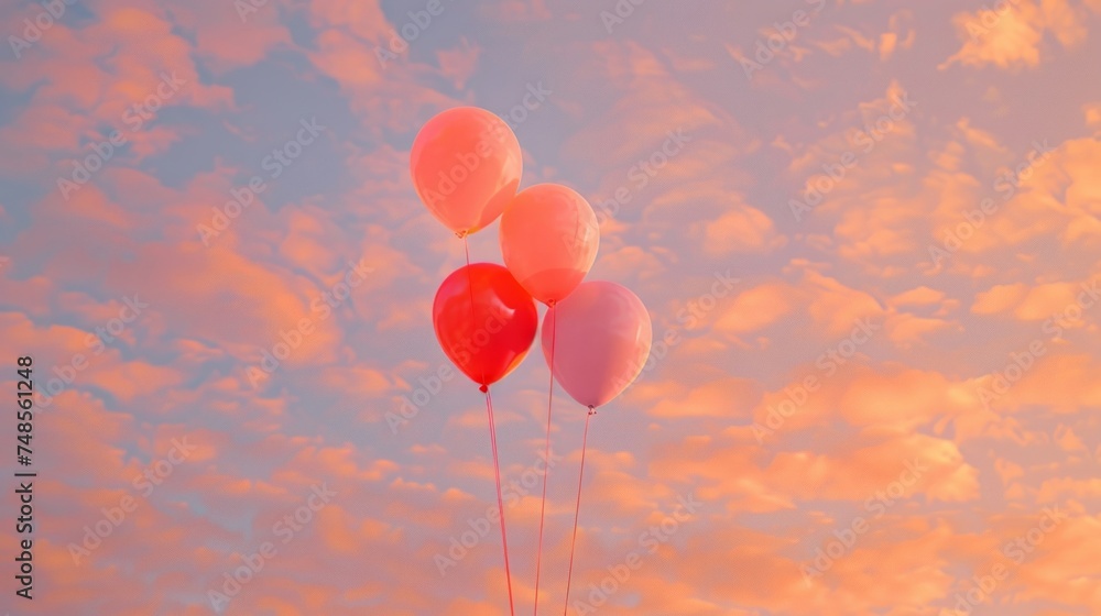 A serene scene of red and pink balloons floating freely against a vibrant sunset sky with scattered clouds. A serene scene of red and pink balloons floating freely against a vibrant sunset sky with scattered clouds.