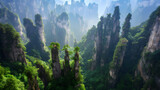 karst formations; forest; mountain scenery; lush greenery; misty landscape; natural wonders; towering cliffs; panoramic view; wilderness; geological features; nature photography; scenic beauty; tranqu