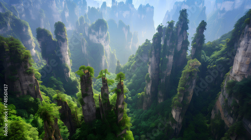 karst formations; forest; mountain scenery; lush greenery; misty landscape; natural wonders; towering cliffs; panoramic view; wilderness; geological features; nature photography; scenic beauty; tranqu photo