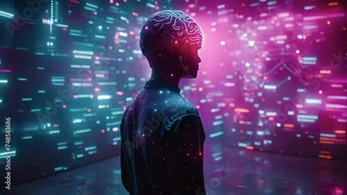 A humanoid figure illuminated with neon lights and wires connecting to its brain stands in front of a wall covered in complex financial charts and graphs. This image represents photo
