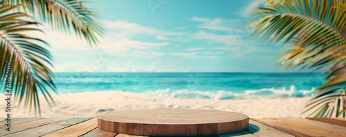 Summer product display, summer vibes. An empty wooden stand set against a beach backdrop, palm trees swaying gently, with the sea and sky in view.