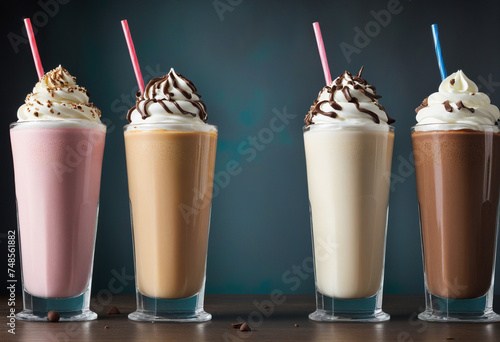 line of various milkshakes 3d render
 photo