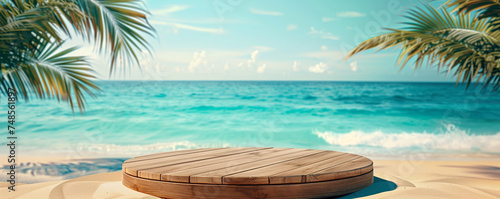 Summer product display, an empty wooden podium placed on the beach, with palm leaves rustling in the breeze, showcasing the serene beauty of the sea and sky.
