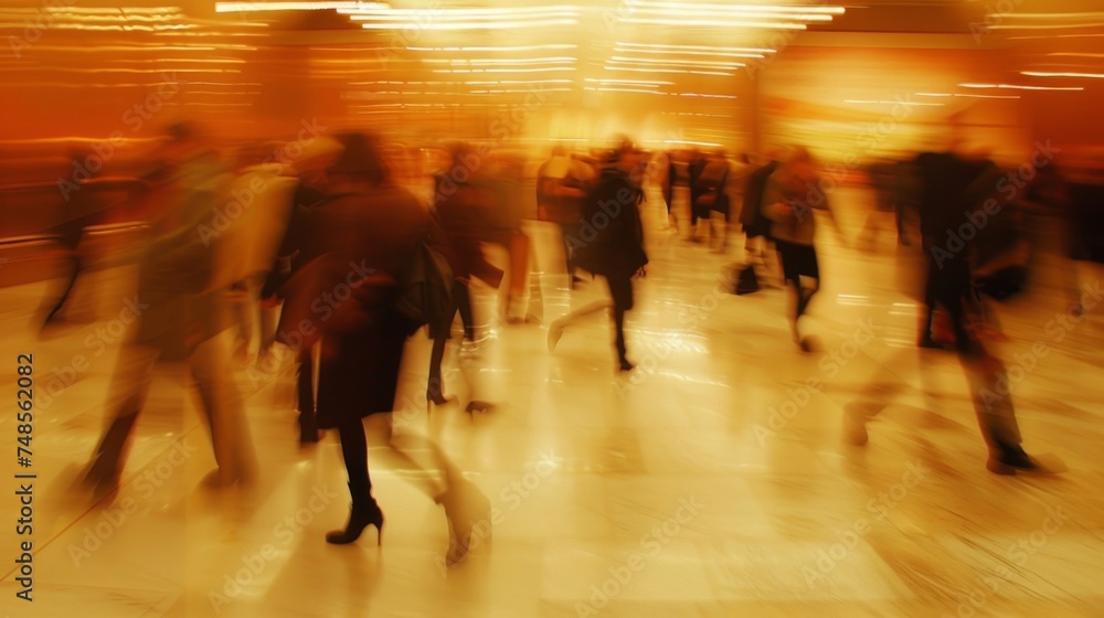 Motion blur of busy commuters at rush hour in an underground station, creating an urban flow. Motion blur of busy commuters at rush hour in an underground station, creating an urban flow.