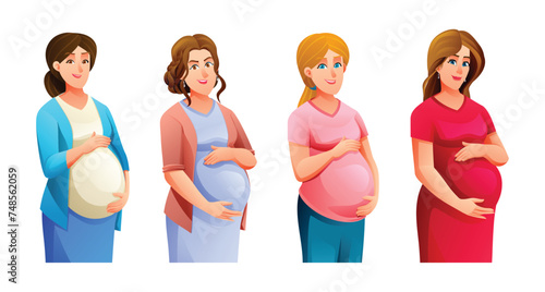 Set of pregnant women hugging her belly. Vector cartoon illustration