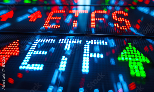 Digital screen showcasing ETFs (Exchange Traded Funds) performance with dynamic green arrows indicating growth in the stock market