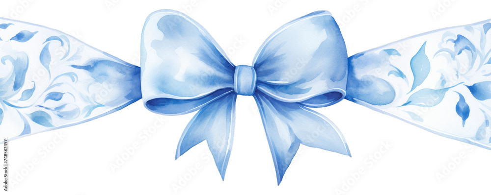 Watercolor background banner of blue ribbon and bow isolated on a white background as transparent PNG Watercolor background banner of blue ribbon and bow isolated on a white background as transparent PNG