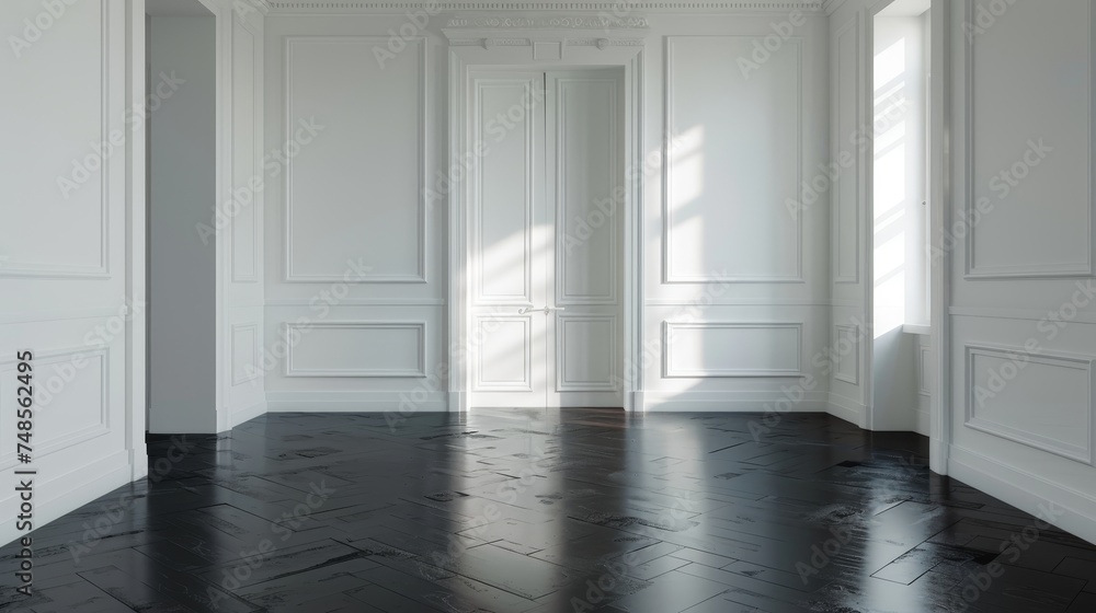 This perspective shows a white empty room with a dark laminate floor, showing a classic interior style and a blank space architecture.