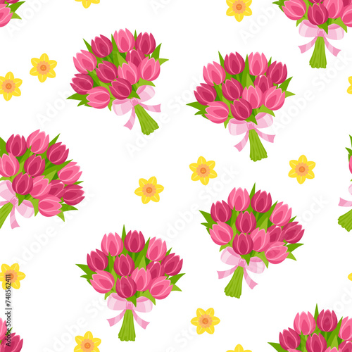 Beautiful bouquets of flowers seamless pattern. Spring floral background with pink tulips. Vector cartoon flat illustration.