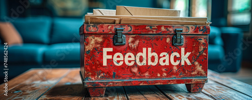 Red feedback box with paper feedback forms inside highlighting the importance of customer opinions, suggestions, and evaluations for service improvement