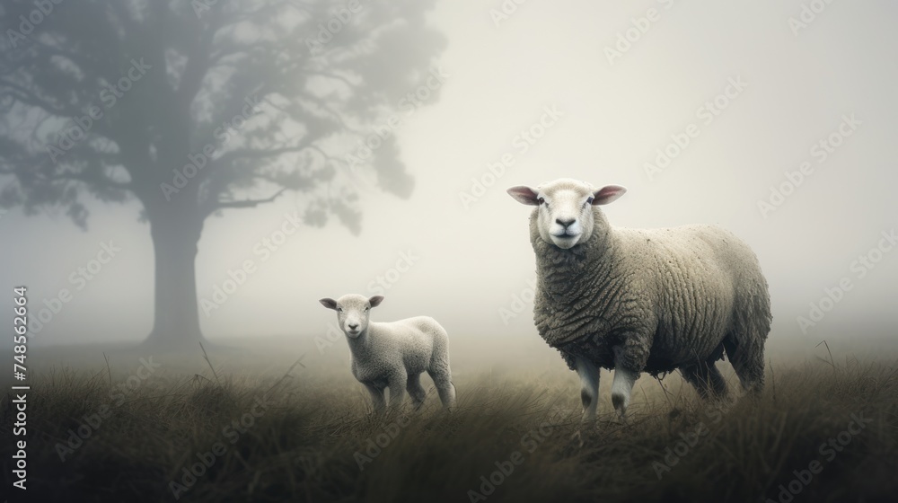 a couple of sheep standing next to each other on a lush green field in front of a foggy tree. a couple of sheep standing next to each other on a lush green field in front of a foggy tree.